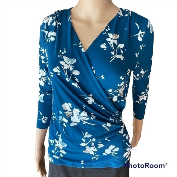 CHARTER CLUB ,Floral Teal and White , Side Cinch Top 3/4 Sleeve, Stretch … - Picture 4 of 5